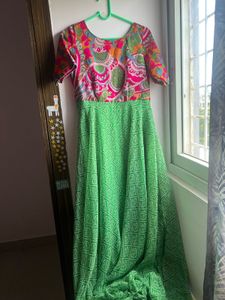 Vibrant Green with pink Printed Maxi Dress