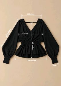 BLACK WRAP-STYLE BLOUSE WITH PUFF SLEEVES