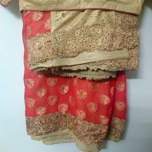 Elegant Ethnic Gold Red Saree with Intricate Det