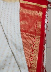 Elegant White &amp; Red Saree with Gold Border