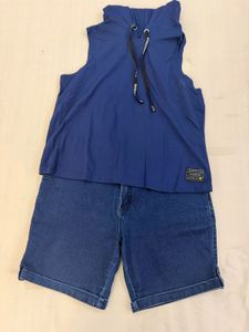 Blue Sleeveless Hoodie &amp; Denim Shorts Set