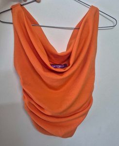 Orange Ruched Cowl Neck Top