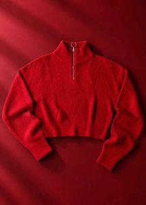 RED RIBBED HALF-ZIP CROPPED SWEATER