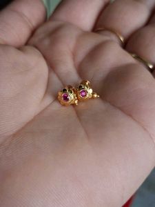 Gold Stud Earrings with Red Stone