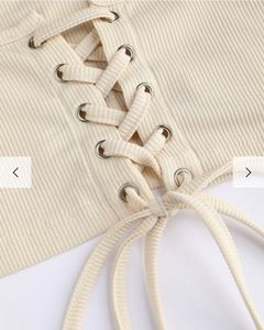 Cream Lace-Up Crop Top with Long Sleeves