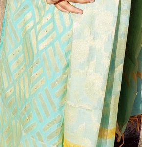 Elegant Aqua &amp; Gold Printed Kurti Set