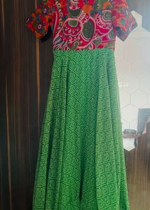 Vibrant Green with pink Printed Maxi Dress