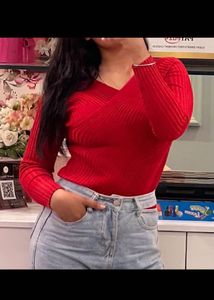 Red Ribbed Wrap Top