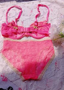 Lace Trimmed Pink Bra and Panty Set