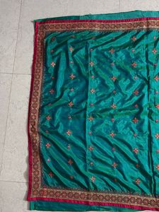 Beautiful Teal Embroidered Silk Saree