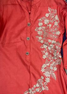 Embroidered Coral Kurta