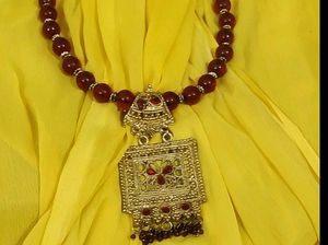Maroon Beaded Necklace &amp; Chain Set