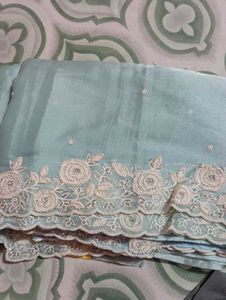 Elegant Sky Blue Saree with Floral Lace