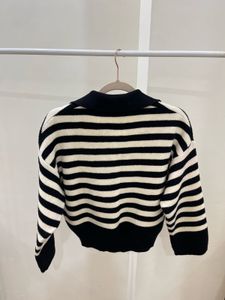 BLACK  and WHITE Striped Polo Collar knit SWEATER