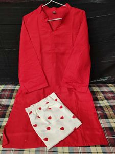 Red Kurta Set with Heart Print Pants