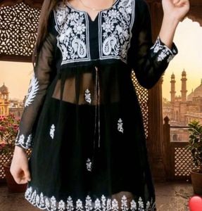 Elegant Black Kurta with White Embroidery