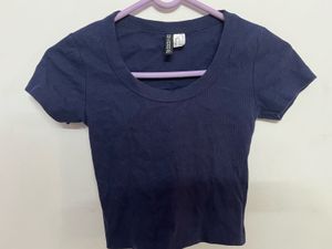 Navy Blue Ribbed Fitted Crop Top