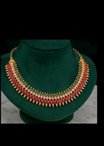 Elegant Gold Necklace with Red & Green Stones