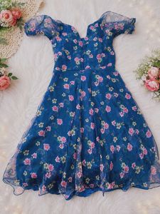 Feminine lightweight floral dress women frock blue