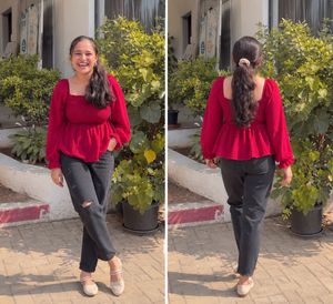 Chic Red Smocked Peplum Top