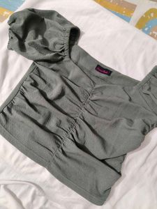 Olive Green Puff Sleeve Crop Top
