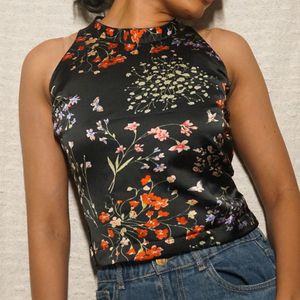 Chic Floral Print Halter Neck Top