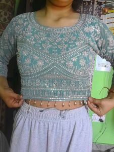 Embellished Teal Crop Blouse