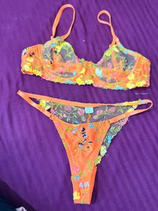 Embroidered Orange Bra and Panty Set