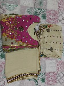 Beige And Pink Floral Printed Synthetic Suit Set