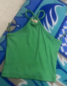 Green Halter Neck Ribbed Crop Top