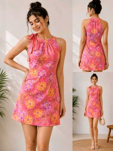 Vibrant Floral Halter Neck Mini Dress
