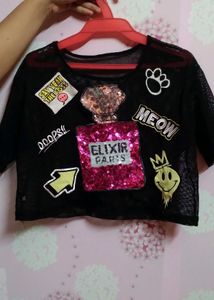 Black Sequin Perfume Bottle Mesh Top