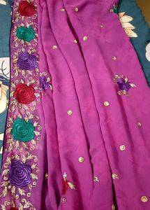 Beautiful Lavender Saree with Floral Embroidery