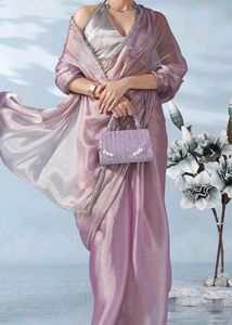 Elegant Sequinned satin Saree With Silver Border