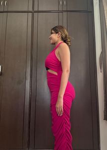 Hot Pink Halter Neck Cutout Ruched Dress