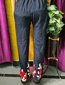 Embroidered Palazzos Black with Red Floral Accen