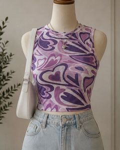Mesh Heart Print Sleeveless Top