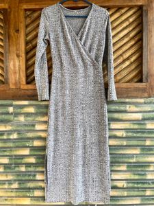 Grey Ribbed Wrap Midi Dress