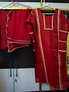 Red Kurta Set with Gold Trim