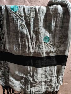 Grey Embroidered Dupatta with Tassels