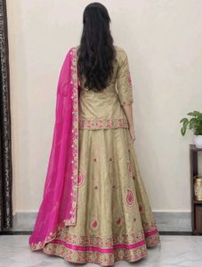 Stunning Golden Lehenga Choli with Pink Dupatta