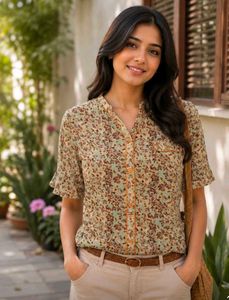 Chic Floral Print Short Sleeve Button-Up Top