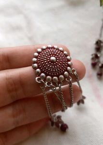 Dangle Earrings - Maroon &amp; Silver