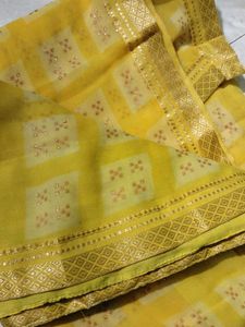 Vibrant Yellow Saree with Square Motifs