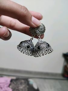 Oxidised Jhumka With Black Gems