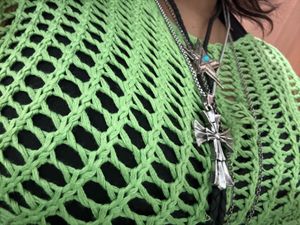 Y2K Boho Green Crochet Sheer Long Sleeve Top