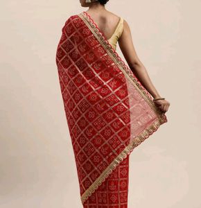 Price Drop - Maroon &amp; Beige Printed Bandhani Saree