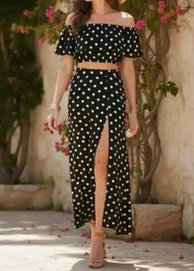 Polka Dot Off-Shoulder Crop Top with slit skirt