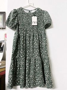 Zara Green Floral Smocked Dress