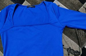 Blue Ribbed Square Neck crop top